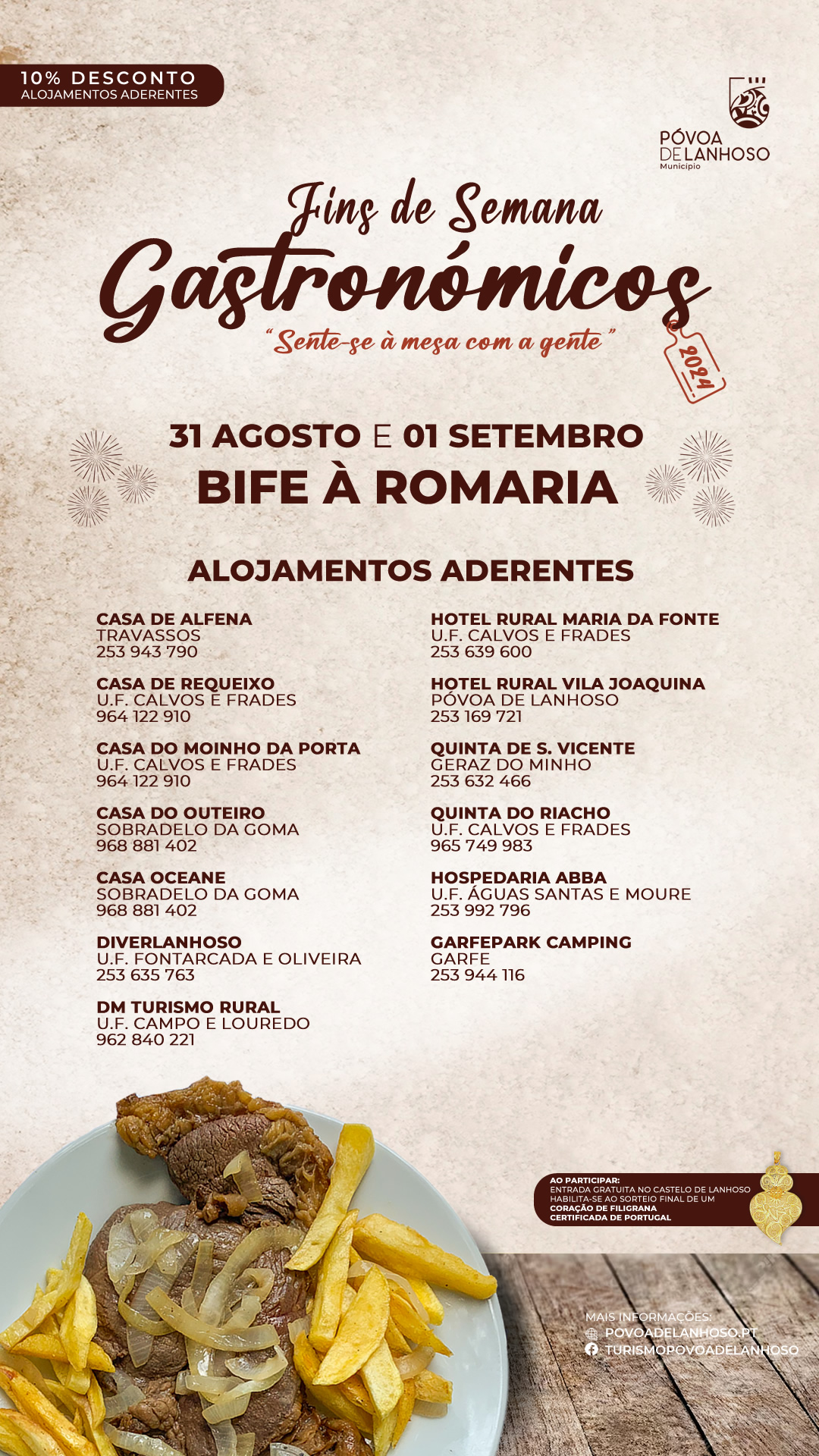 Restaurantes e alojamentos aderentes - fim-de-semana gastronómico "Bife à Romaria" - 31 de Agosto e 1 de Setembro 1