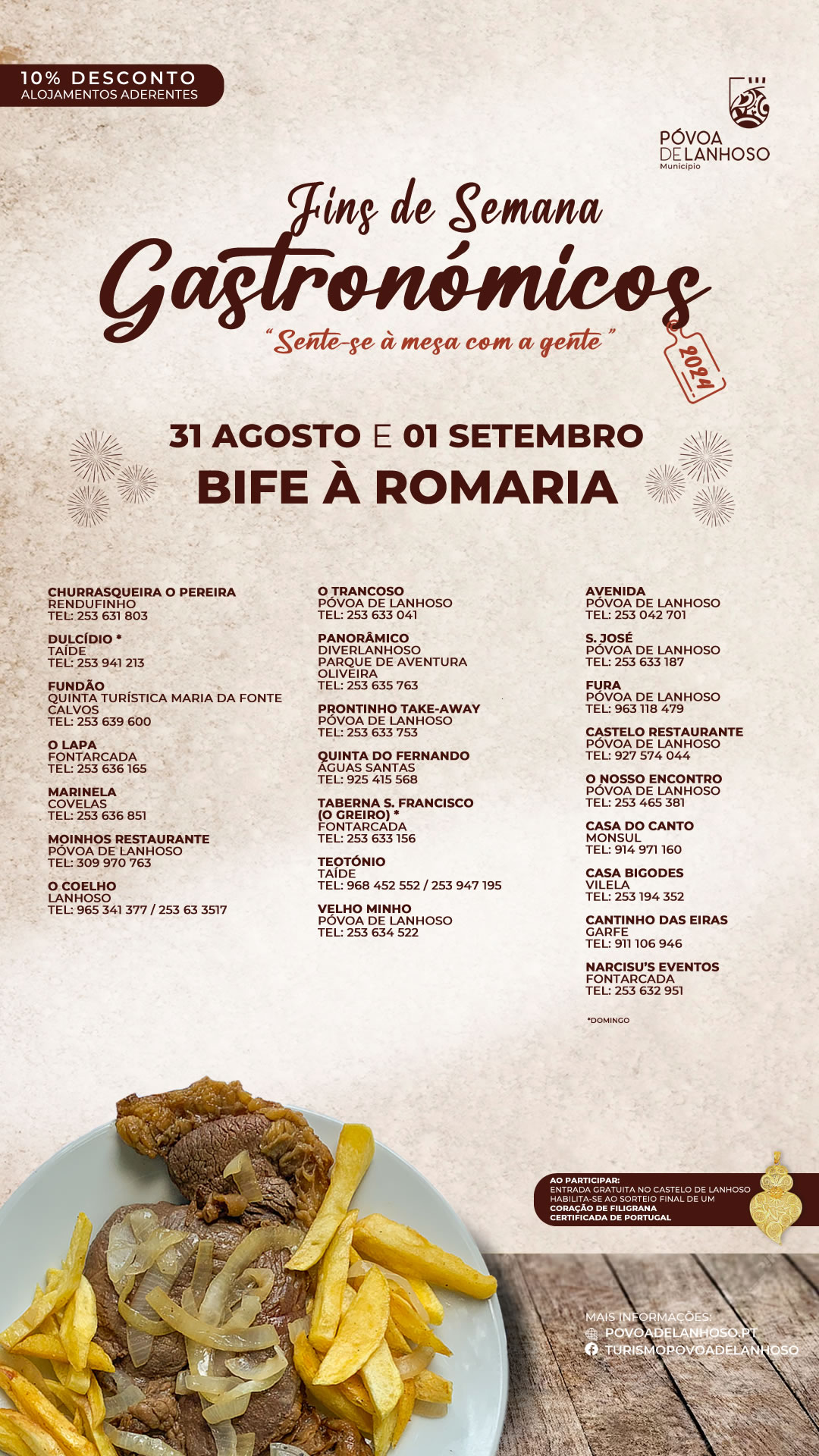 Restaurantes e alojamentos aderentes - fim-de-semana gastronómico "Bife à Romaria" - 31 de Agosto e 1 de Setembro